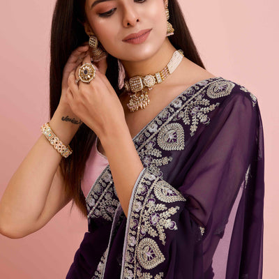 Dark Purple Floral Sequins Embroidered Georgette Saree