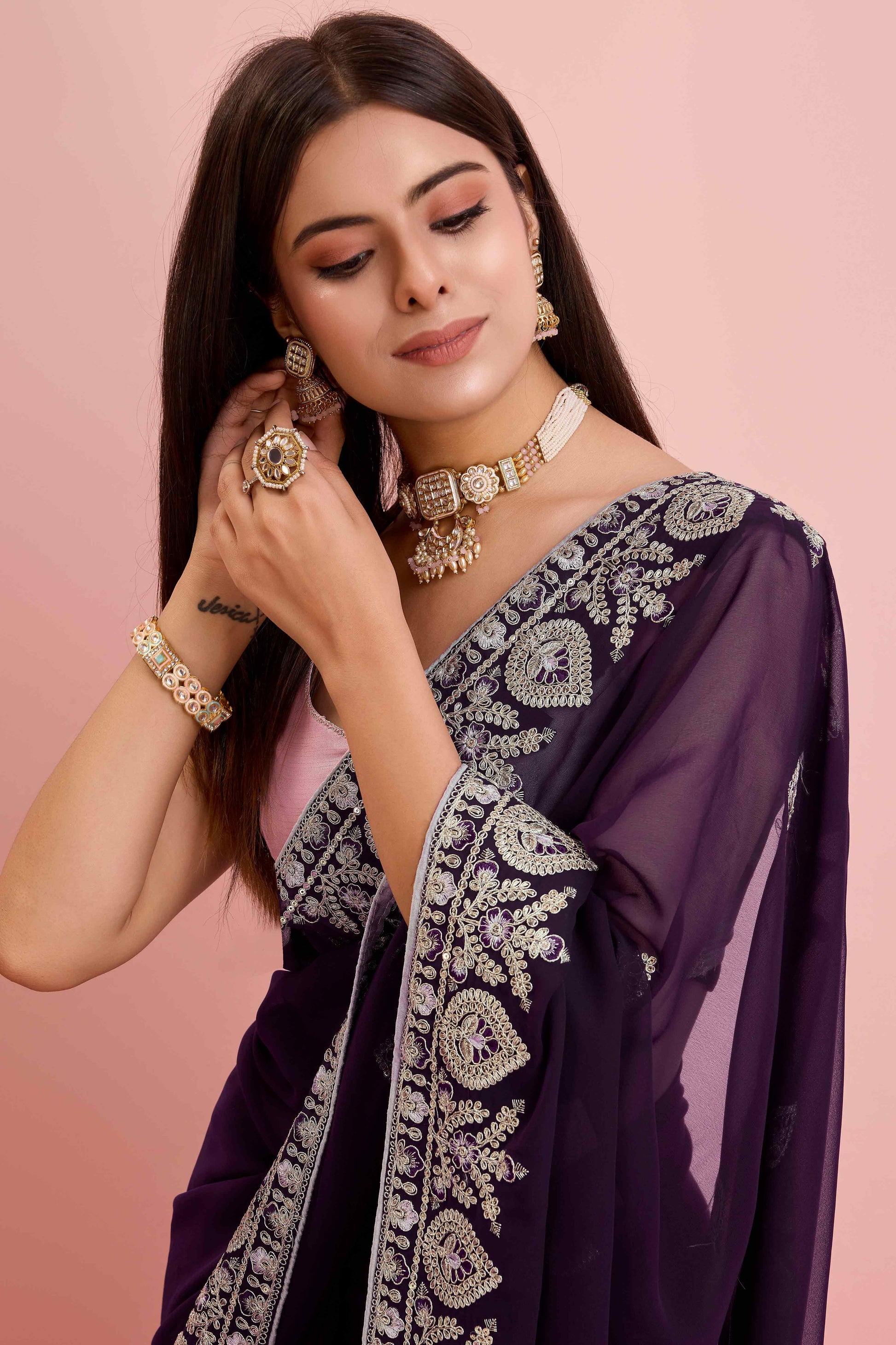 Dark Purple Floral Sequins Embroidered Georgette Saree