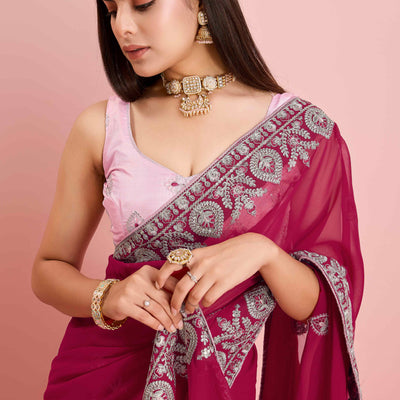 Dark Magenta Floral Sequins Embroidered Georgette Saree