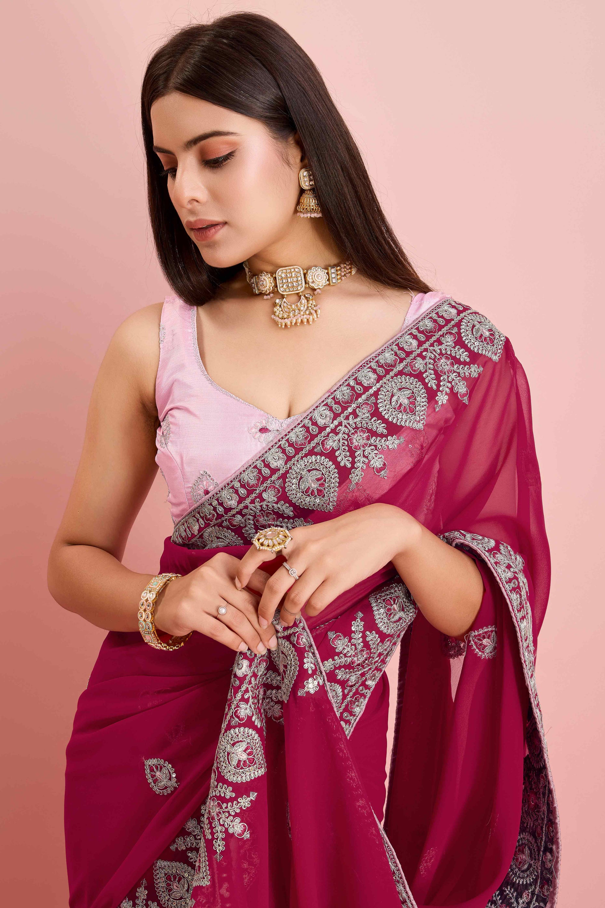 Dark Magenta Floral Sequins Embroidered Georgette Saree
