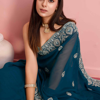 Morpich Blue Floral Sequins Embroidered Georgette Saree