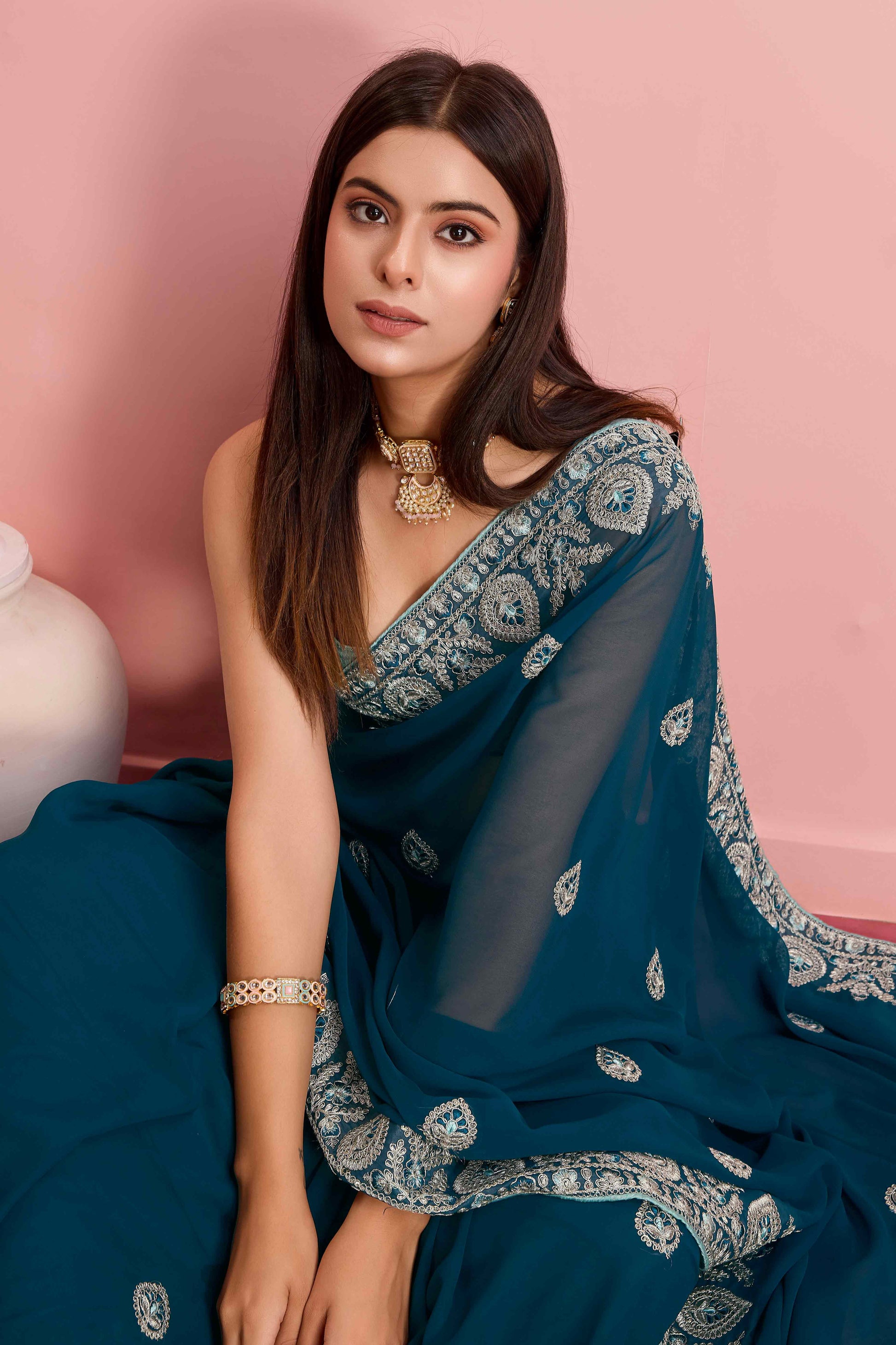 Morpich Blue Floral Sequins Embroidered Georgette Saree