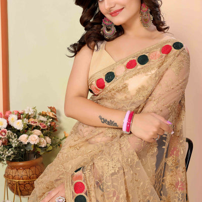 Chikoo Floral Embroidered Net Saree