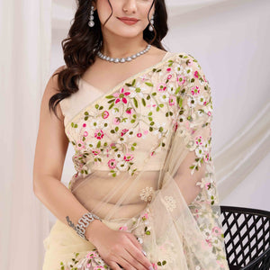 Cream Floral Embroidered Net Saree