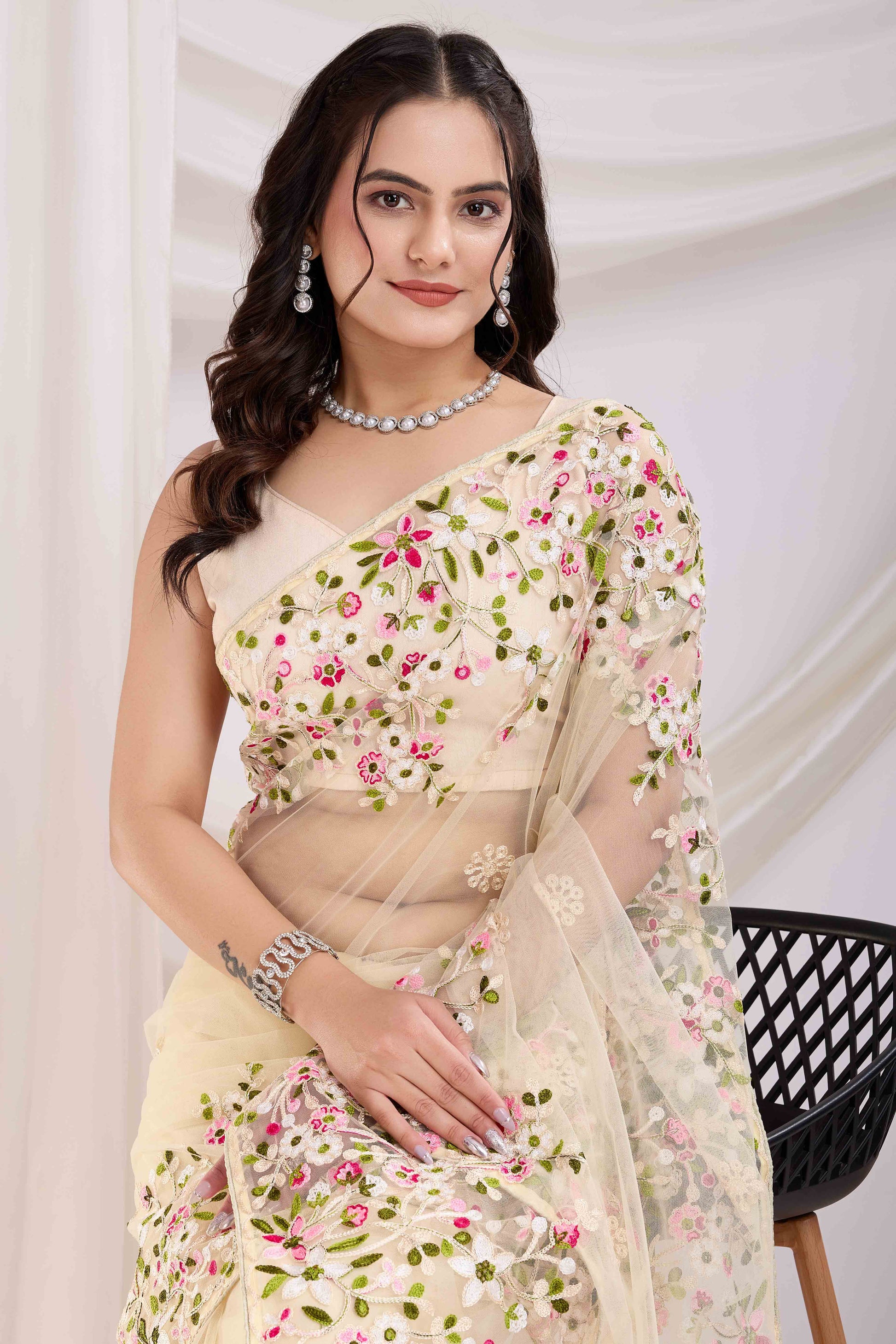 Cream Floral Embroidered Net Saree