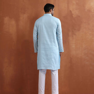 trueBrowns Men's Blue Sequin Chanderi Kurta