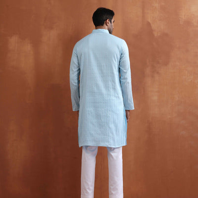 trueBrowns Men's Blue Sequin Chanderi Kurta