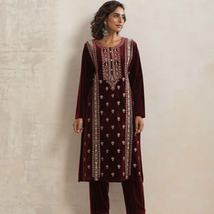 trueBrowns Maroon Velvet Embroidered Kurta Pant Dupatta Set