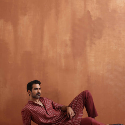 trueBrowns Men's Rust Cotton Dobby Kurta