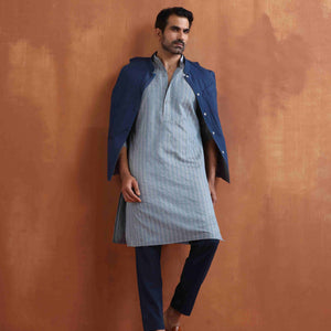 trueBrowns Men's Blue Chanderi Kurta