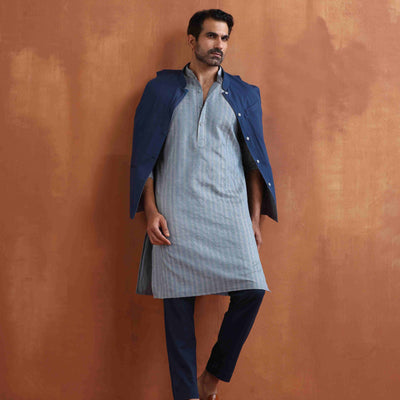 trueBrowns Men's Blue Chanderi Kurta