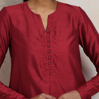 trueBrowns Red Silk Kurta Co-ord Set
