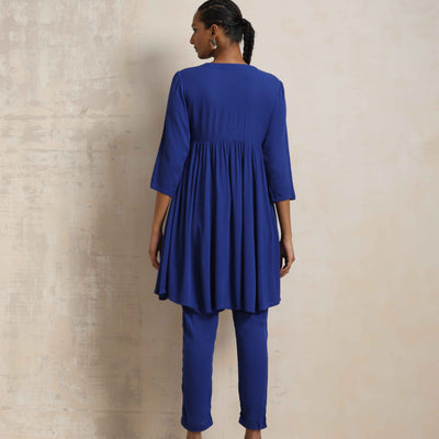trueBrowns Blue Crinkle Flared Kurta Co-ord Set