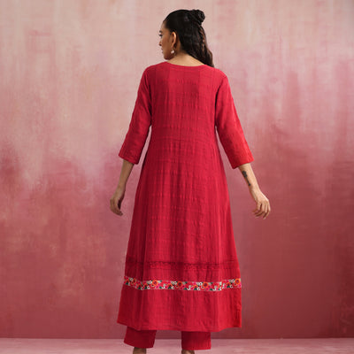 trueBrowns Red Cotton Dobby Flared Kurta Set
