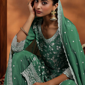 Green Embroidered Silk Blend Straight Suit With Dupatta