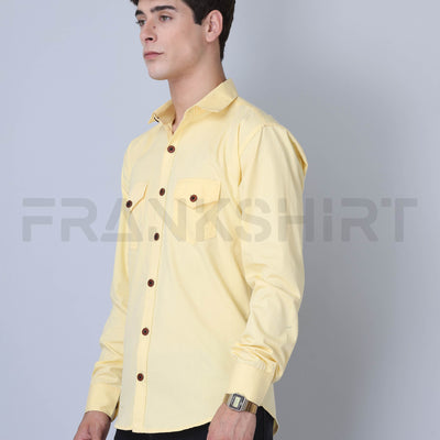 Frankshirt Double Pocket Yellow Solid Tailored Fit Cotton Casual Shirt for Man