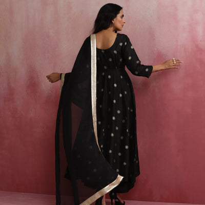 trueBrowns Black Viscose Silk Kurta Dupatta Set