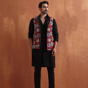 trueBrowns Men's Black Textured Cotton Dobby Front Open Kurta