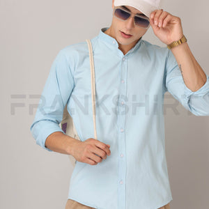 Frankshirt Chinese Collar Light Blue Tailored Fit Cotton Casual Shirt for Man