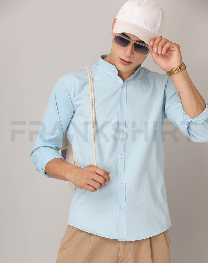 Frankshirt Chinese Collar Light Blue Tailored Fit Cotton Casual Shirt for Man