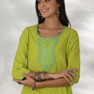 Green Printed Cotton Straight Kurta