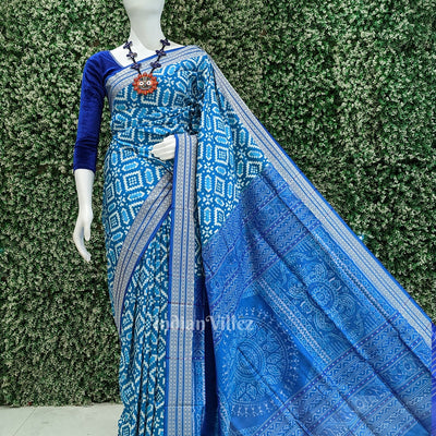 Aqua Blue White Pasapali Sambalpuri Silk Saree