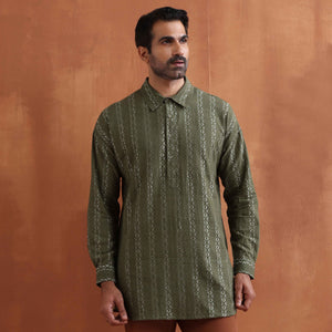 trueBrowns Men's Olive Green Cotton Dobby Short Kurta