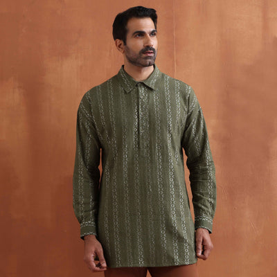 trueBrowns Men's Olive Green Cotton Dobby Short Kurta