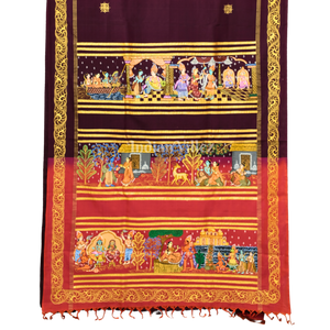 Deep Maroon Colour Ramayan Theme Hand-Painted Pattachitra Saree