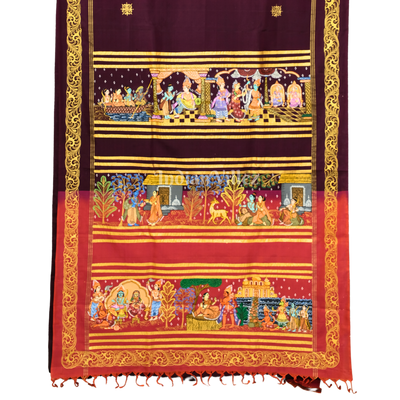 Deep Maroon Colour Ramayan Theme Hand-Painted Pattachitra Saree