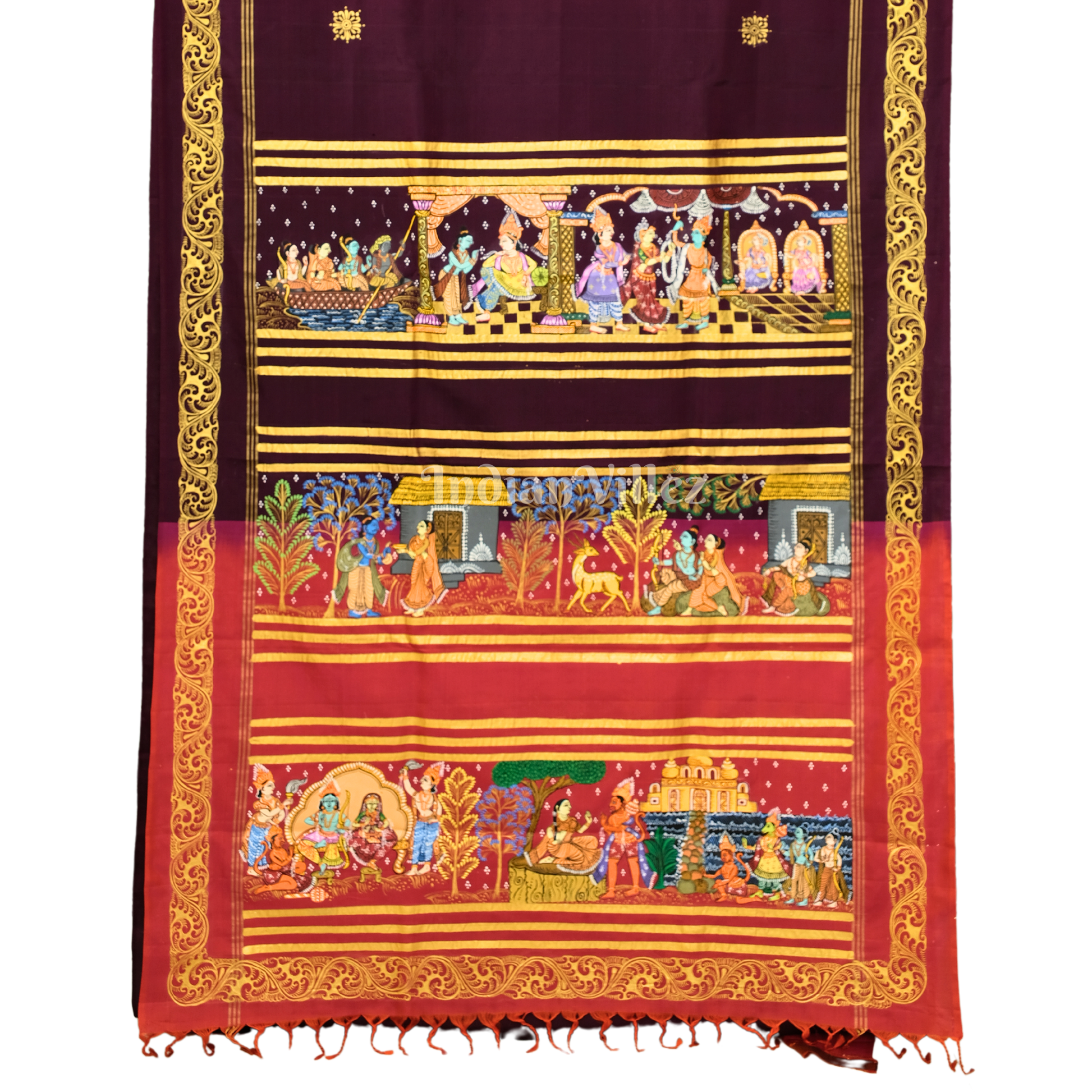 Deep Maroon Colour Ramayan Theme Hand-Painted Pattachitra Saree
