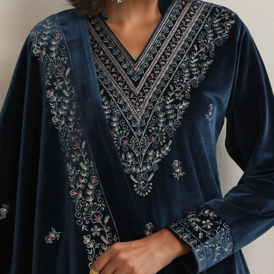 trueBrowns Blue Velvet Embroidered Kurta Pant Dupatta Set