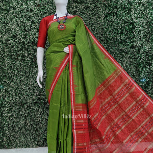 Parrot Green Red Phoda Kumbha Sambalpuri Cotton Tissue Saree