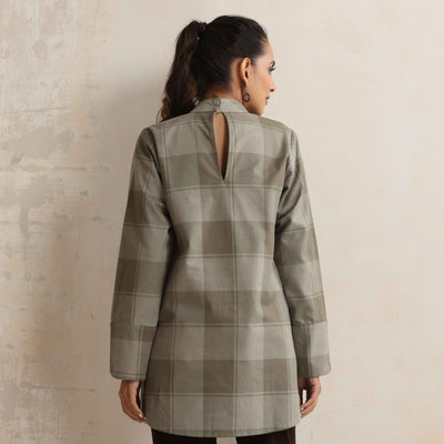 trueBrowns Green Check High Neck Short Kurta
