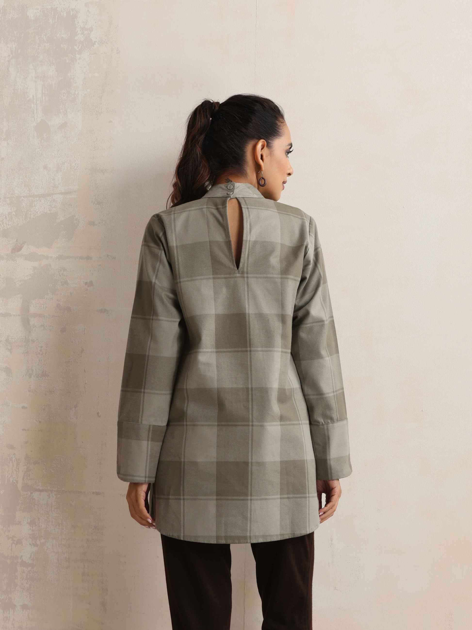 trueBrowns Green Check High Neck Short Kurta