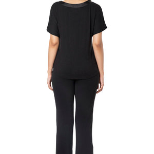 Satin Edge Half Sleeve Round Neck Sleep Top - Black