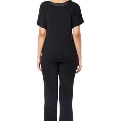 Satin Edge Half Sleeve Round Neck Sleep Top - Black