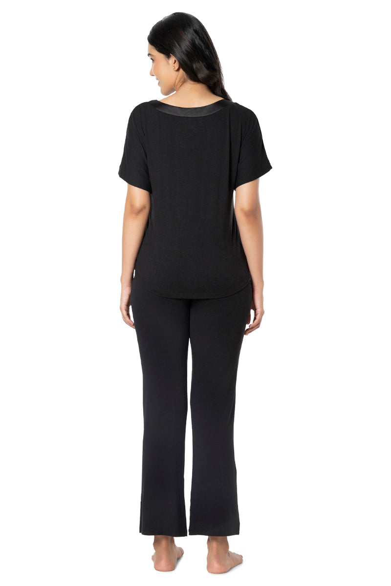 Satin Edge Half Sleeve Round Neck Sleep Top - Black