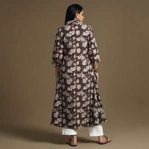 Brown - Bagru Hand Block Printed Cotton A-Line Long Kurta
