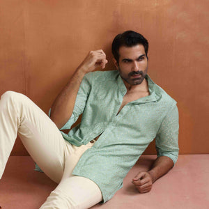 trueBrowns Men's Green Cotton Dobby Front Open Short Kurta