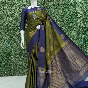 Hunter Green With Navy Blue Pure Kanjivaram Soft Silk Saree