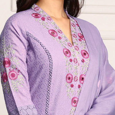 Purple Floral Embroidered Schiffli Pure Cotton Kurta With Trousers & Dupatta