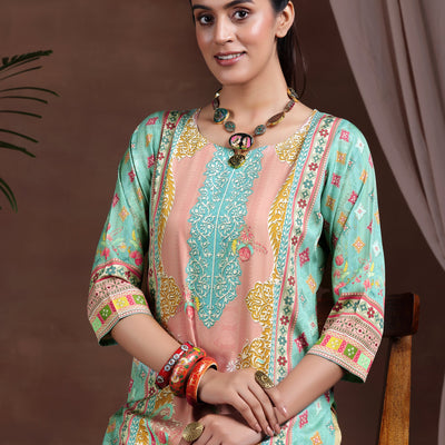 Green Printed Crepe Straight Kurta
