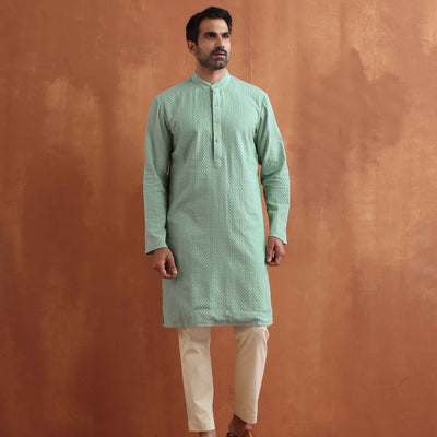 trueBrowns Men's Green Cotton Dobby Kurta