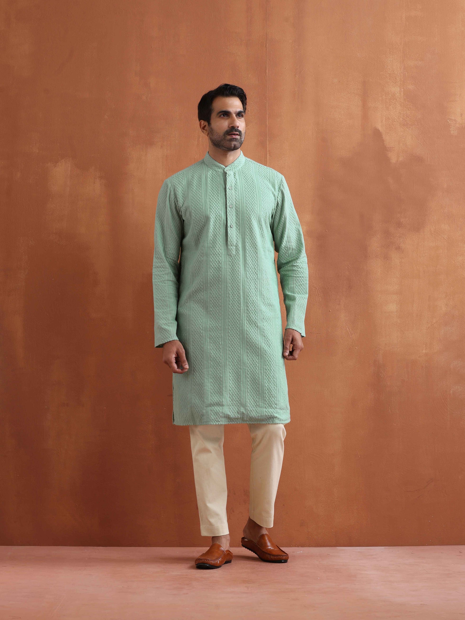 trueBrowns Men's Green Cotton Dobby Kurta