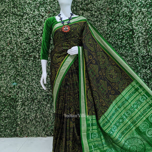 Black Green Konark Theme Sambalpuri Silk Saree