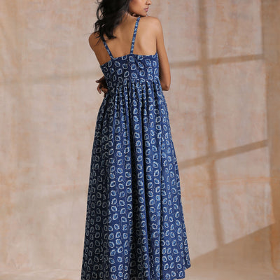 Indigo Dabu Floral Print Cotton Sleeveless Dress | Relove