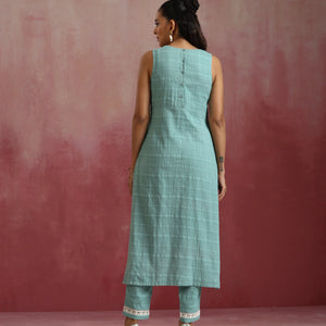 trueBrowns Aqua Blue Cotton Dobby High low Kurta Set