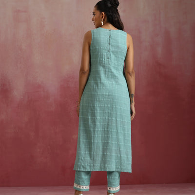 trueBrowns Aqua Blue Cotton Dobby High low Kurta Set