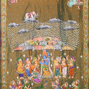 Mehendi Green Dual Tone Giri Govardhan Hand-Painted Pattachitra Saree